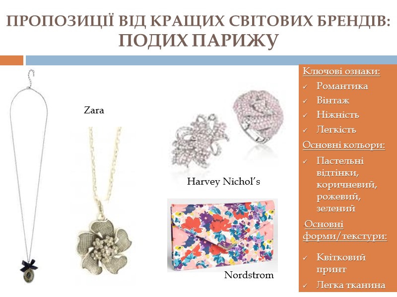 ПРОПОЗИЦІЇ ВІД КРАЩИХ СВІТОВИХ БРЕНДІВ: ПОДИХ ПАРИЖУ Ключові ознаки: Романтика Вінтаж Ніжність Легкість Основні